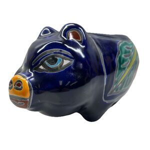 Mexican Talavera Piggy Planter Pot Hand Painted - Dark Blue Trim Made In Mexico